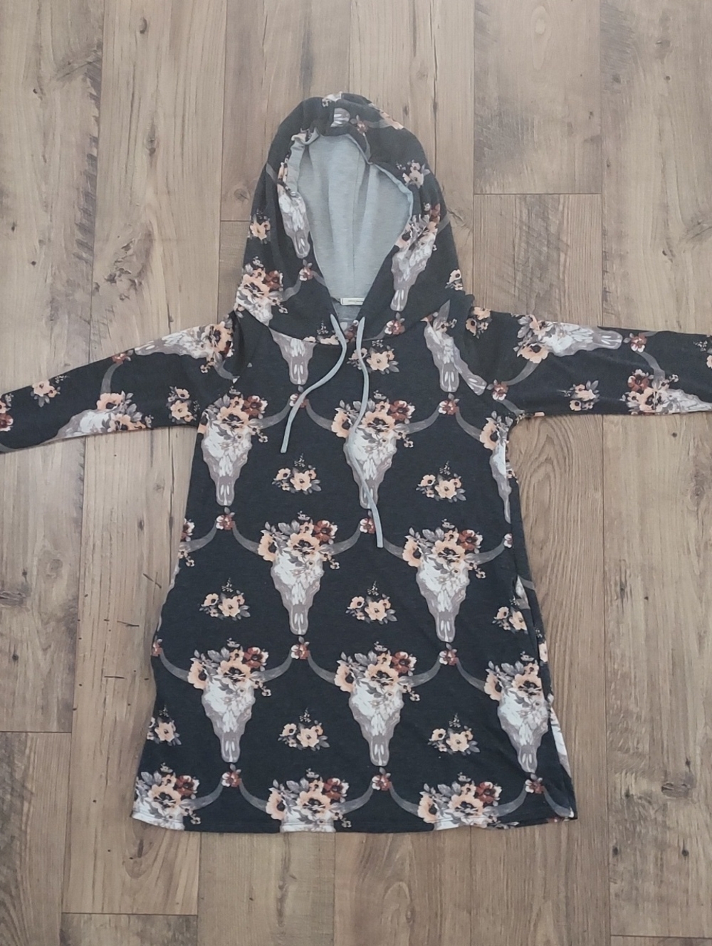 Womens Hooded Tunic Top in Charcoal with Floral Skull Motif